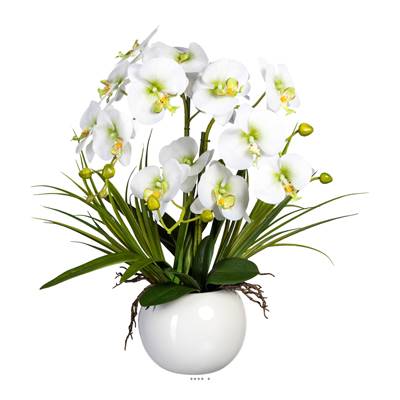 Fausse Orchidee artificielle en vase boule ceramique 3 hampes H 58 cm toucher reel Crème vert