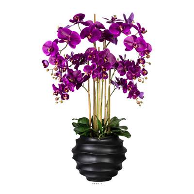 Fausse Orchidee en vase résine noir H 105 cm D 75 cm 7 hampes toucher reel Mauve violet