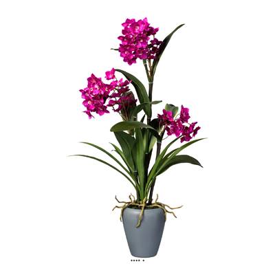 Fausse Orchidée Dendrobium 3 hampes H 70 cm D 40 cm en vase céramique Gris  Rose fushia